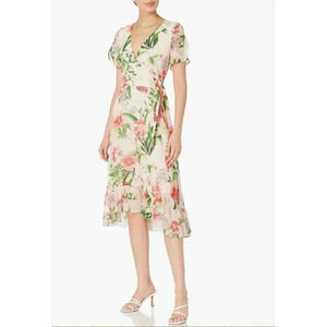 Karl Lagerfeld Paris Floral Ruffle Faux Wrap Tulip Sleeve Midi Dress Sz 8